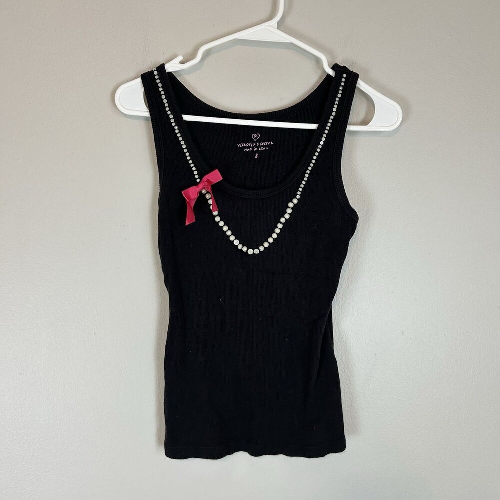 Y2K Victoria’s Secret Pearl Bow Tank Top Size S Women’s Coquette Beaded Black